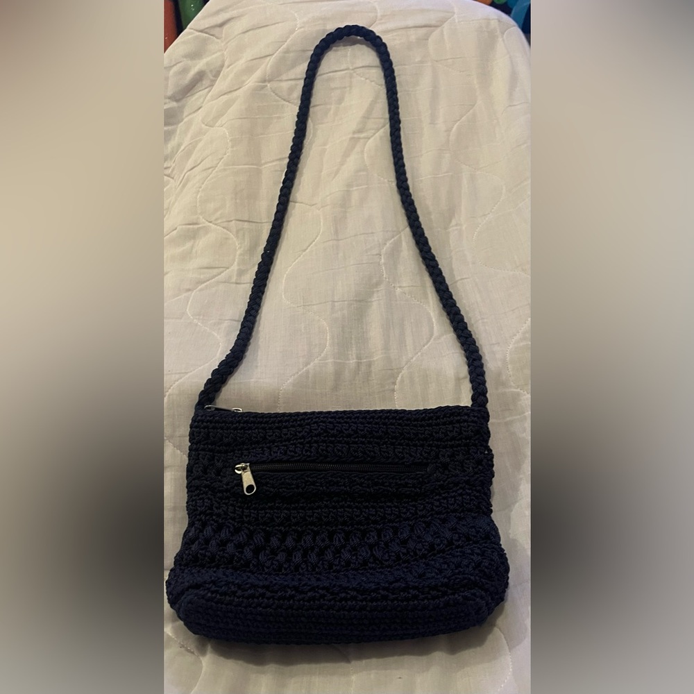 LINA Crochet Blue Handbag Purse Hobo Bag w/Braided Strap
